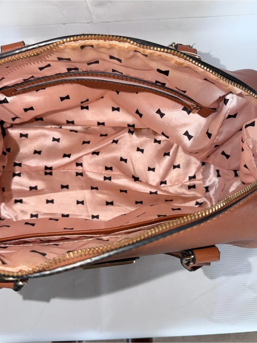 Structured Leather Satchel in Cognac with Gold Hardware